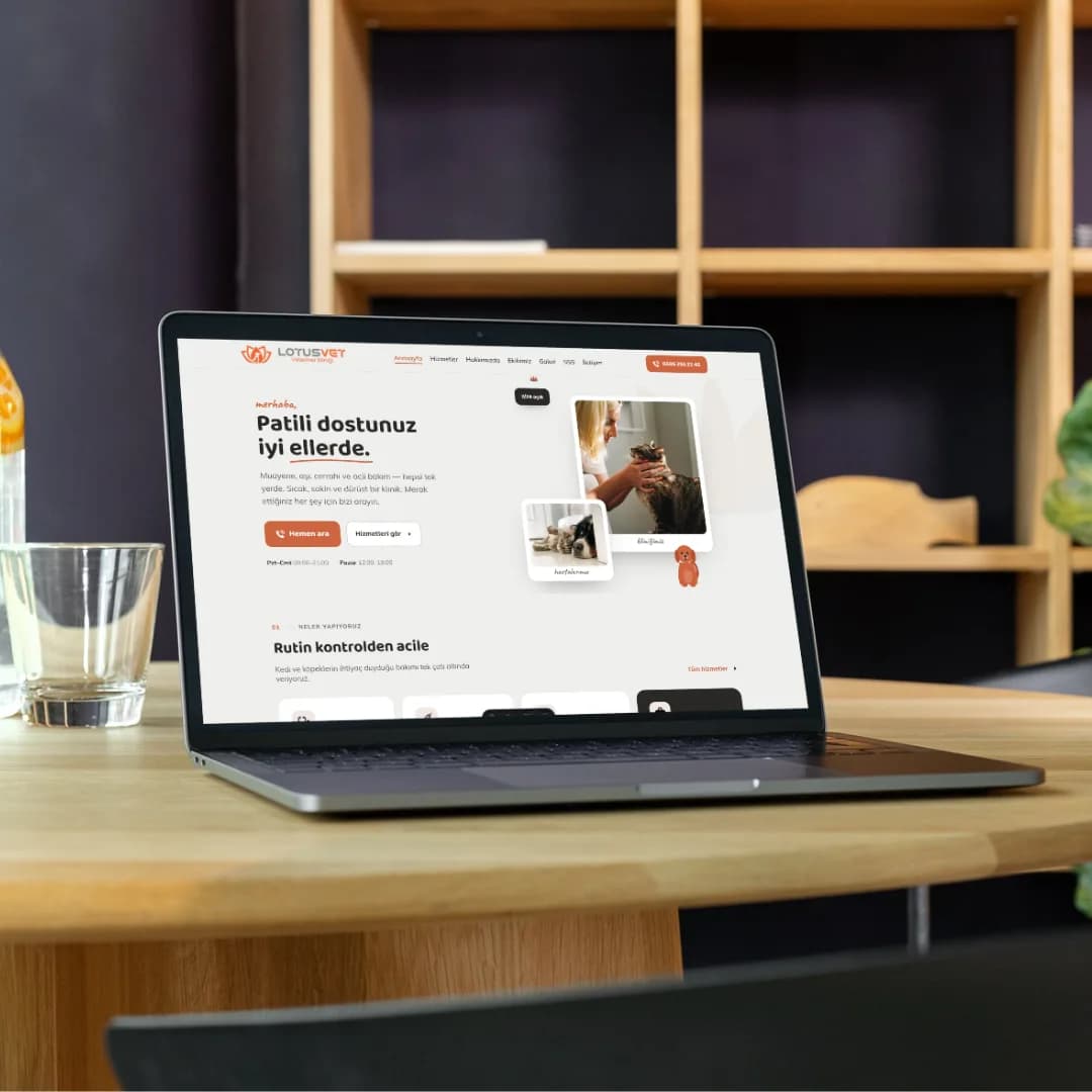 LotusVet veteriner kliniği web sitesi ana sayfa arayüzü